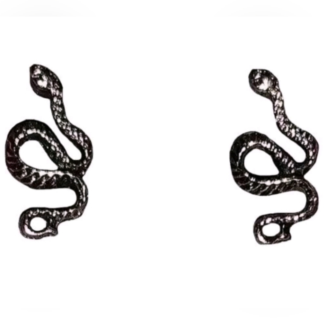 Serpent Snake With Textured Skin And Eyes Black Stainless Steel Stud Earrings